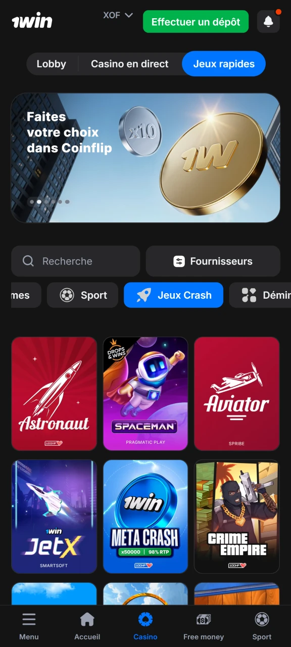 Retrouvez le jeu Aviator dans la section casino de 1win.