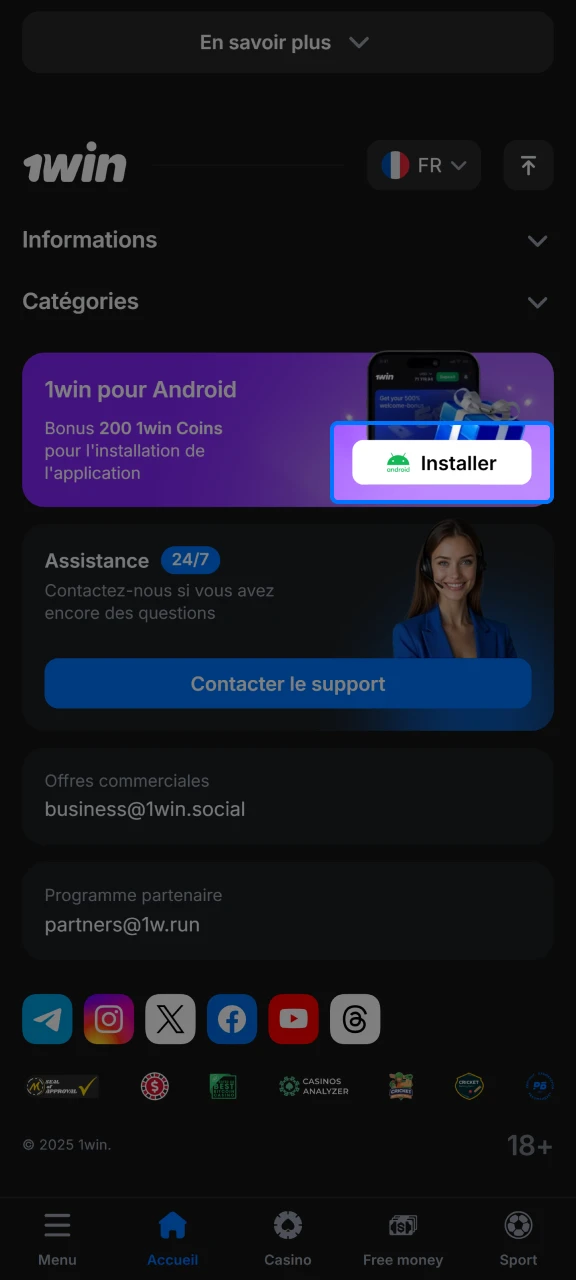 Trouvez le bouton de téléchargement du fichier APK 1win et cliquez dessus.