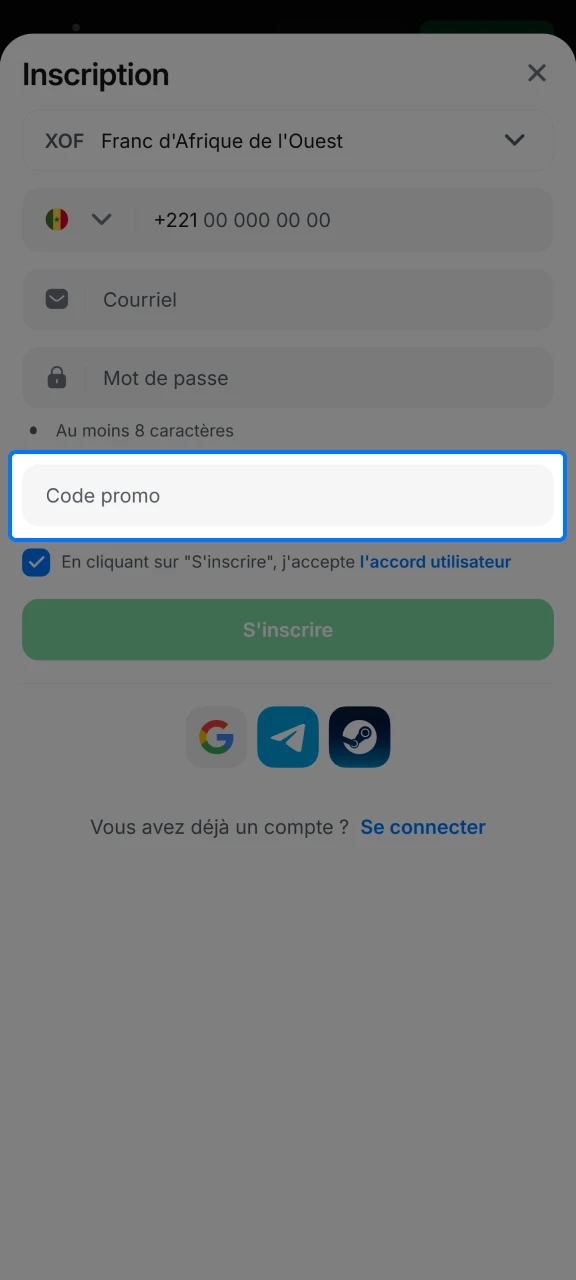 Entrez un code promotionnel lors de votre inscription sur 1win ou lorsque vous effectuez un dépôt.