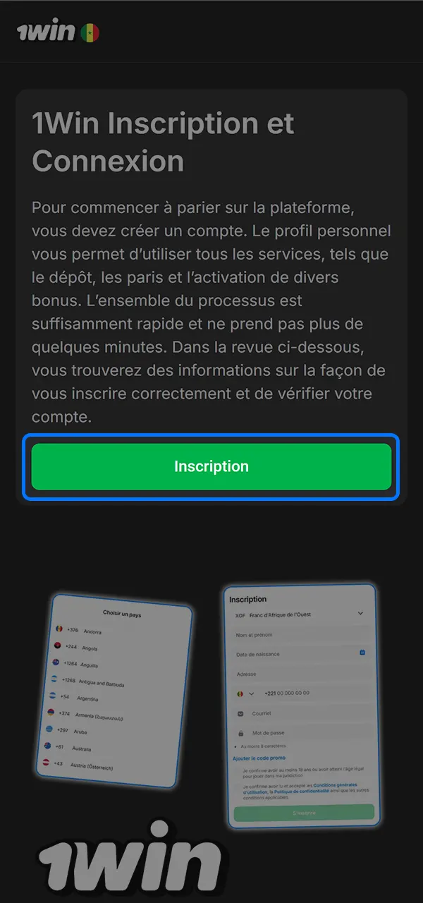 Cliquez sur le bouton d'inscription et entrez dans le casino 1win.