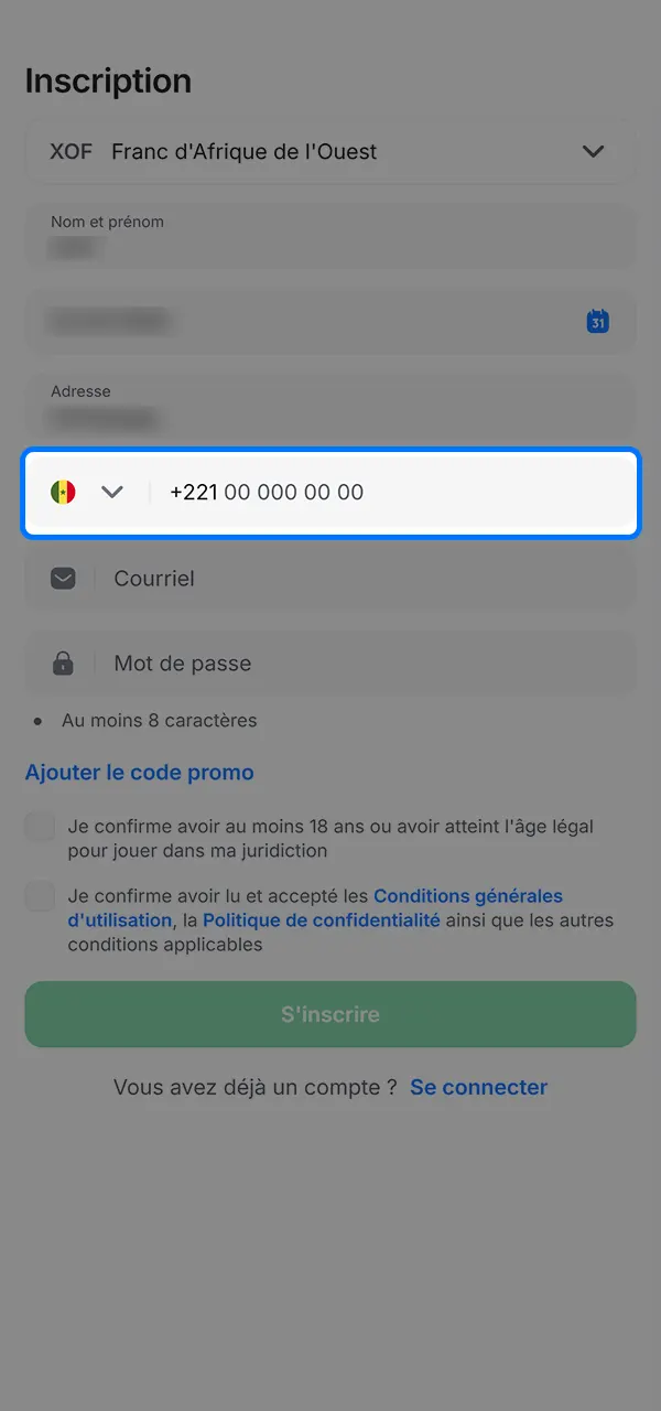 Entrez votre numéro de téléphone et inscrivez-vous sur 1win.