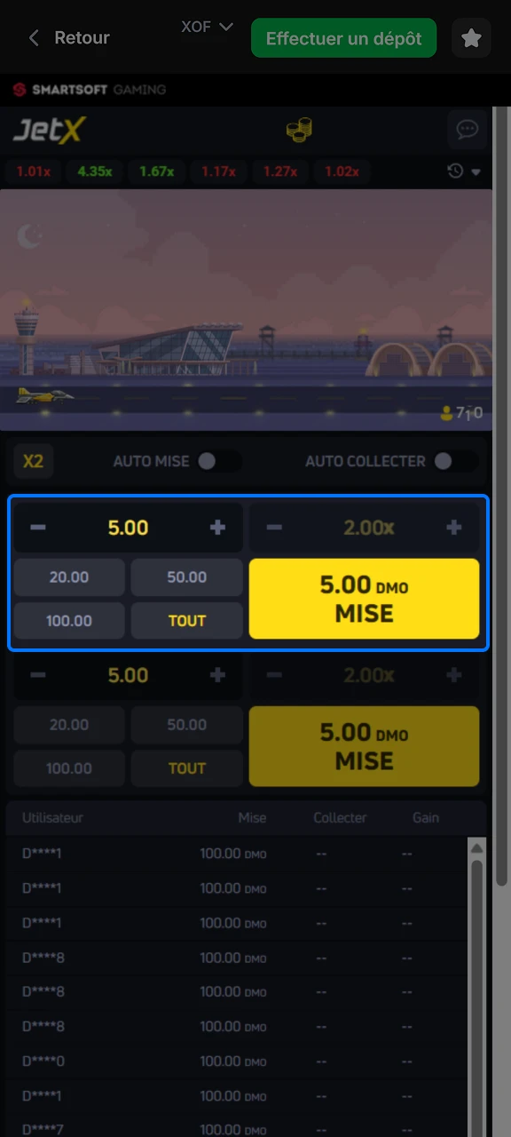 Entrez votre pari JetX et cliquez sur le bouton pour placer votre pari sur 1win.