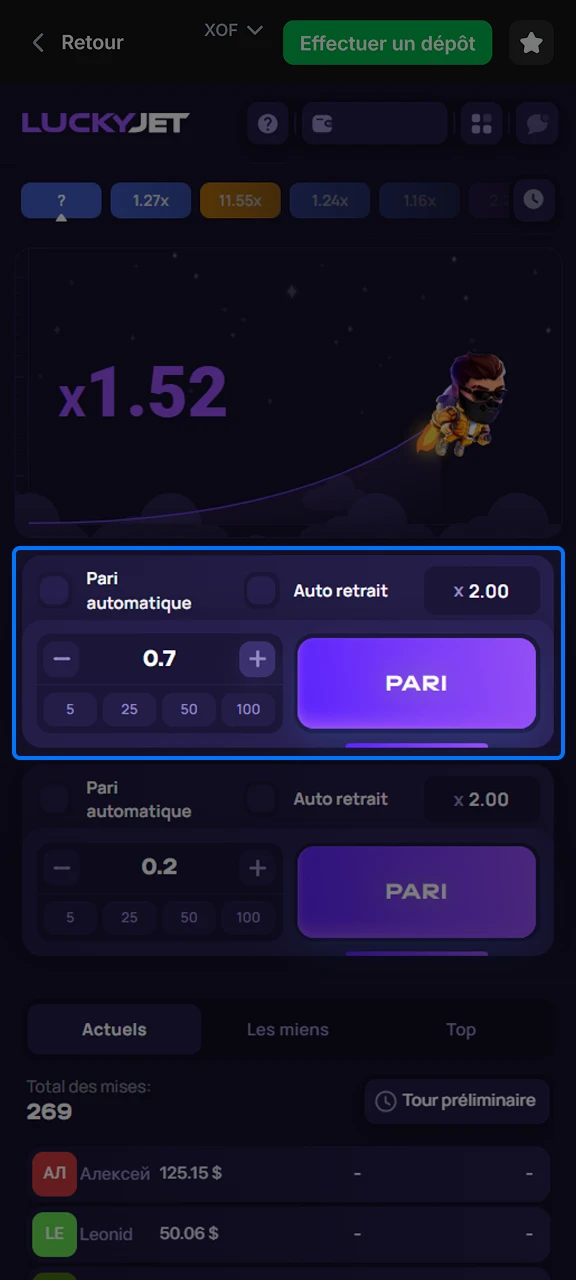 Sélectionnez un montant de pari sur Lucky Jet chez 1win.