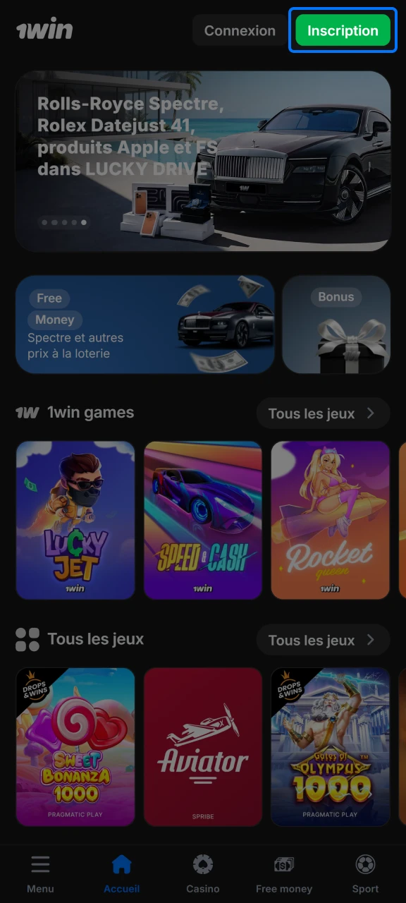 Cliquez sur Inscription pour créer un compte 1win et commencer à jouer à Mines.
