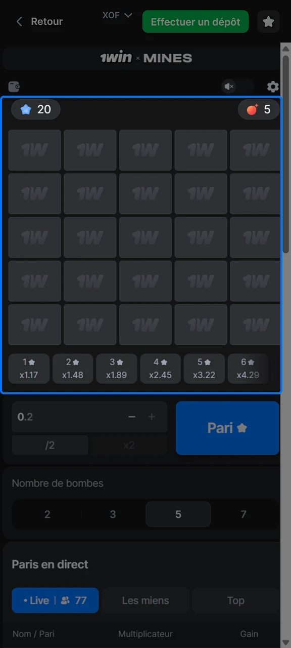 Ouvrez les cases et découvrez vos résultats Mines sur 1win.