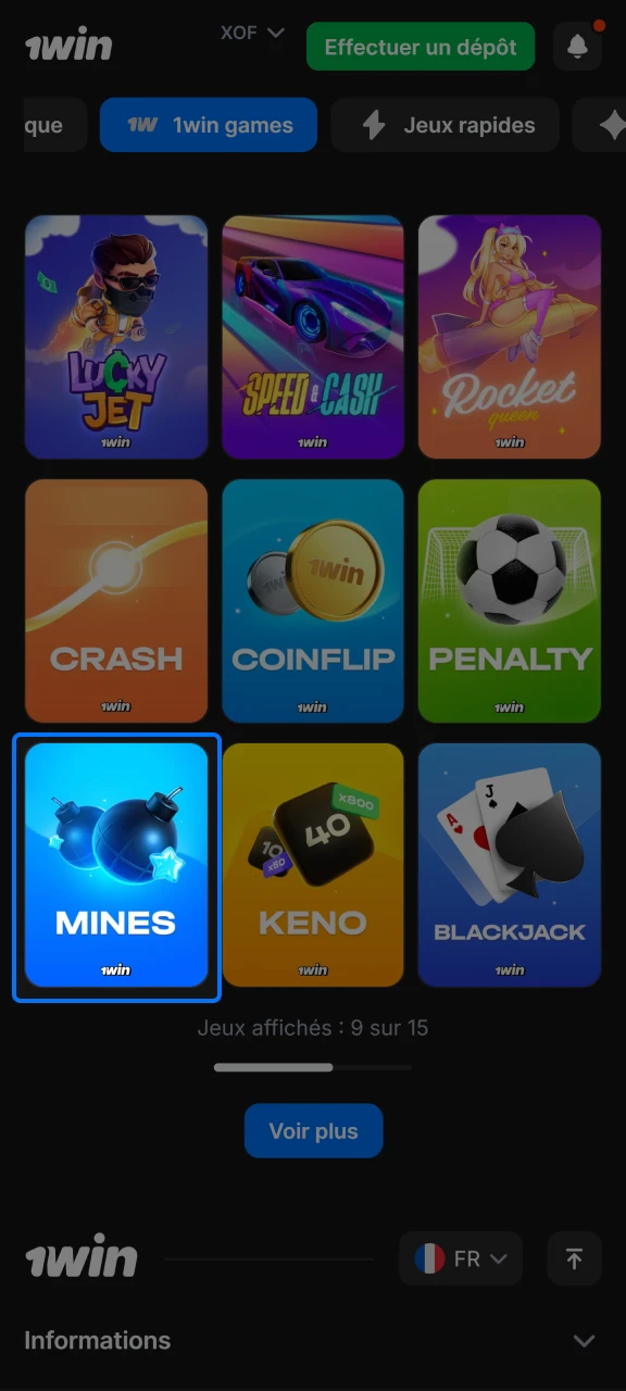 Ouvrez la section casino 1win et trouvez le jeu Mines.