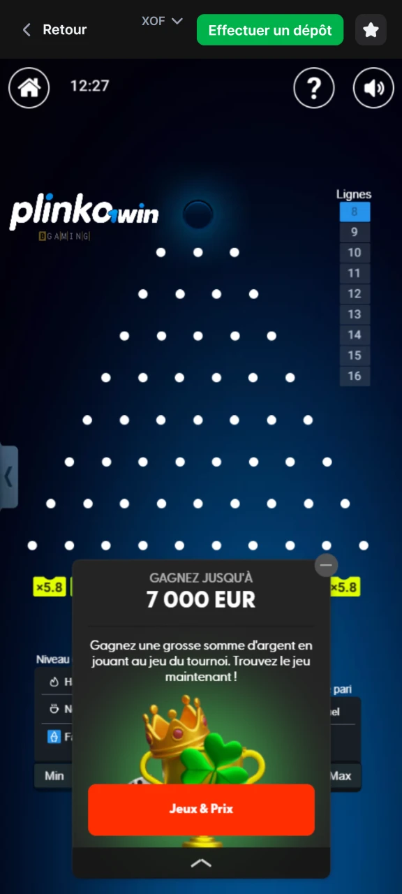 Sélectionnez un mode pour Plinko au casino 1win.