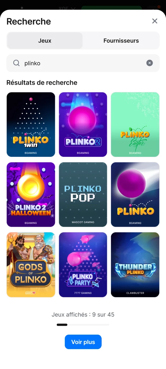 Recherchez le jeu Plinko et choisissez-en un sur 1win.